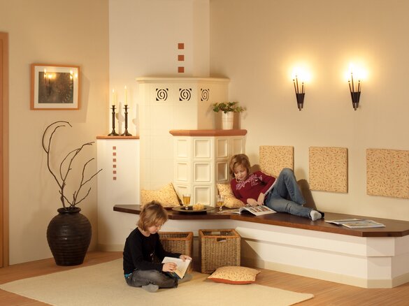Tiled stove with frame tile paladio in perla and achat dark | © Sommerhuber GmbH