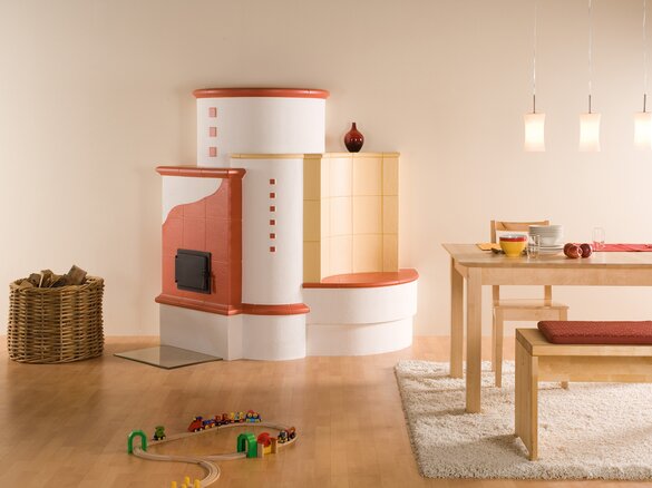 Tiled stove with structure tile in mandarin and topas medium | © Sommerhuber GmbH