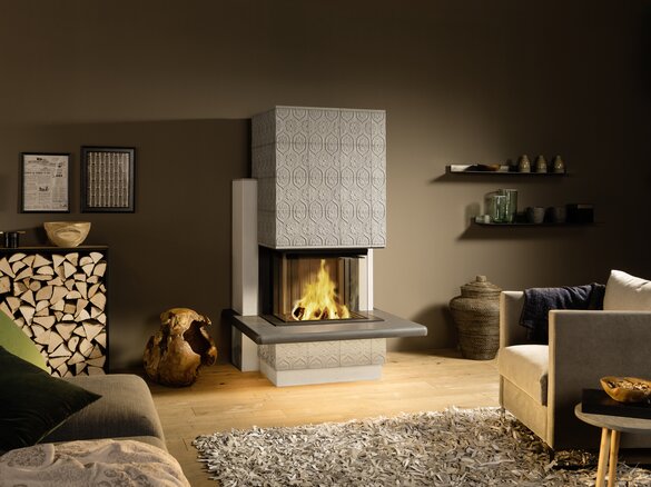 Image tiled fireplace with tile Tapetenmuster and fire shelf soft | © Sommerhuber GmbH