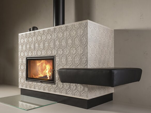 Tiled stove with tile Tapetenmuster granit 2 bright detailed view | © Sommerhuber GmbH