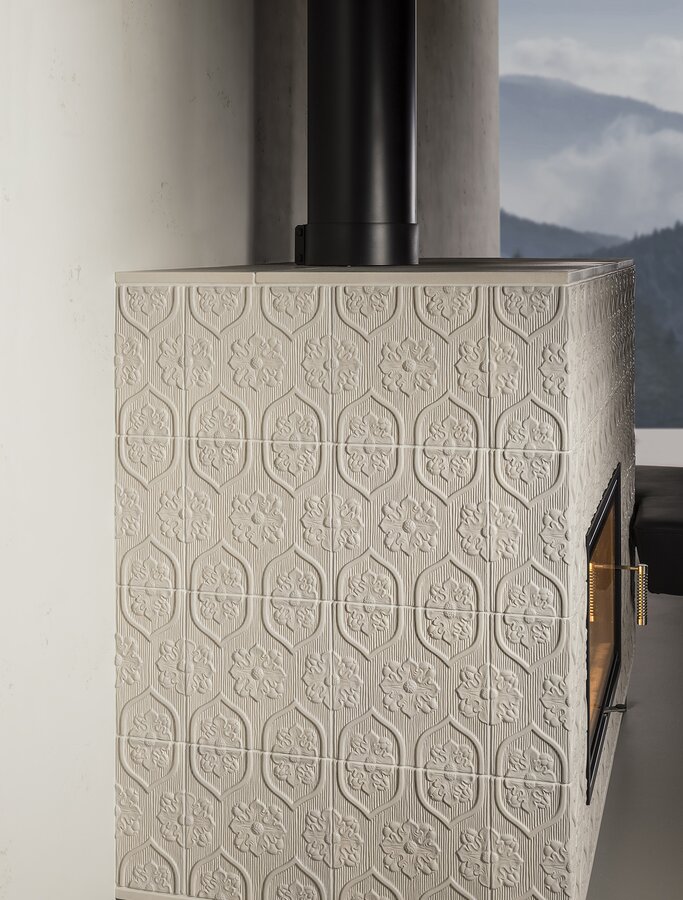 Detail photo tiled stove with tile Tapetenmuster granit 2 light | © Sommerhuber GmbH