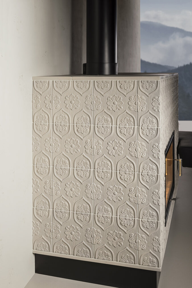 Detail photo tiled stove with tile Tapetenmuster granit 2 light | © Sommerhuber GmbH